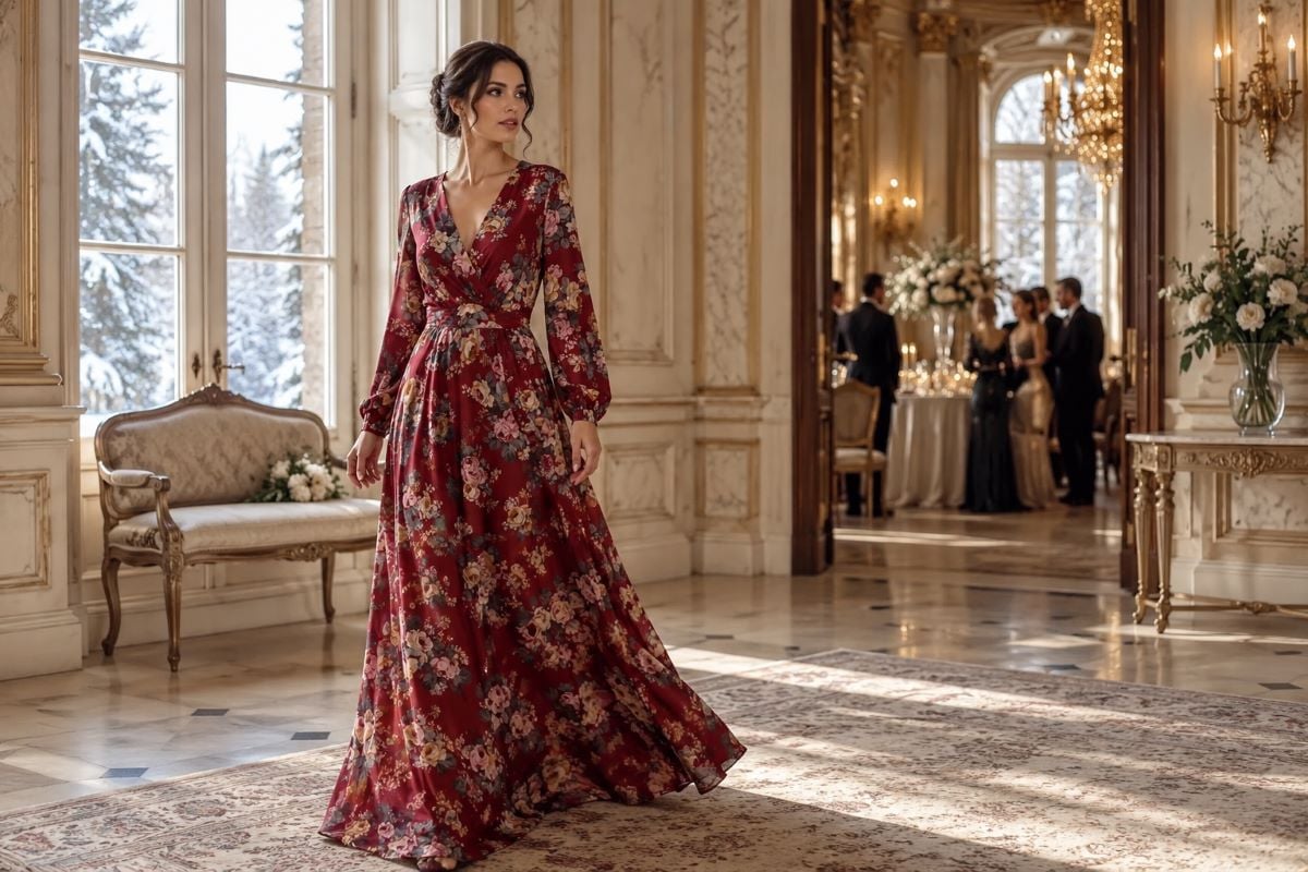 Burgundy floral winter wedding guest gown