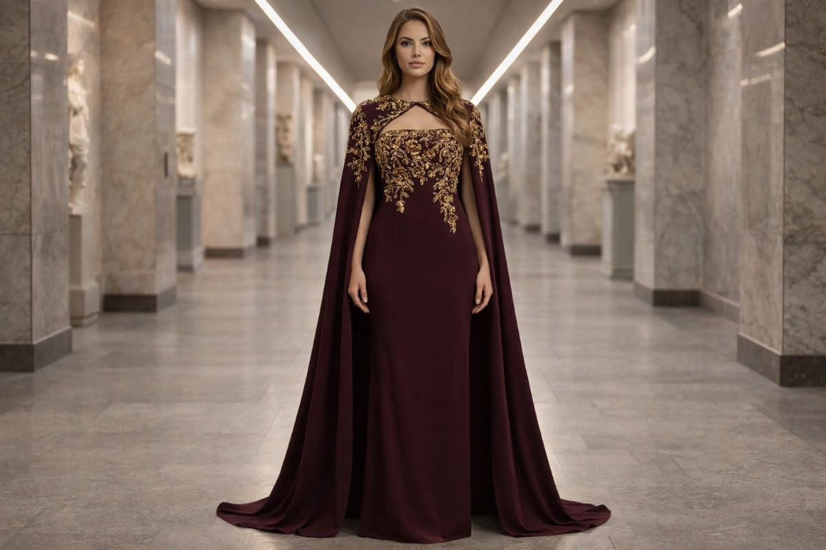 Burgundy embroidered cape column gown