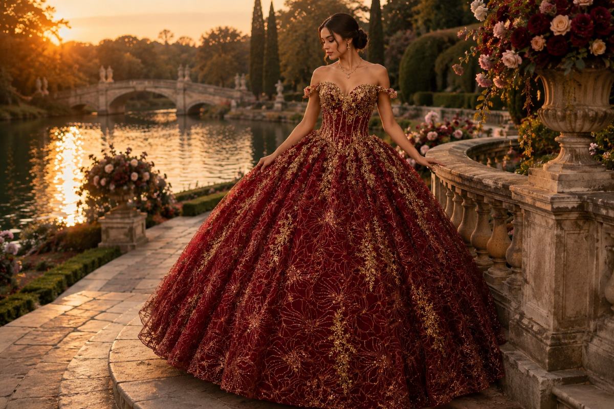 Burgundy gold quinceañera gown beside royal garden lake