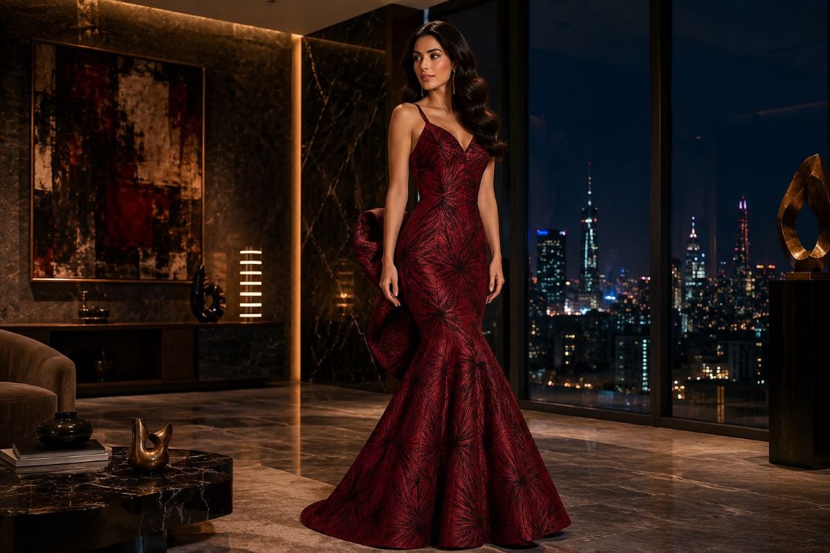 Woman in burgundy mermaid evening gown inside luxury penthouse