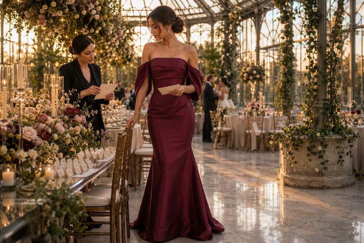 Burgundy mermaid gown wedding guest color