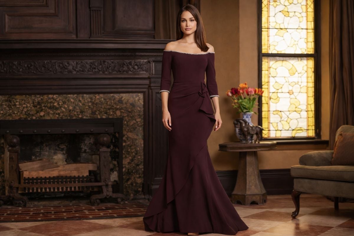 burgundy off shoulder long sleeve evening gown
