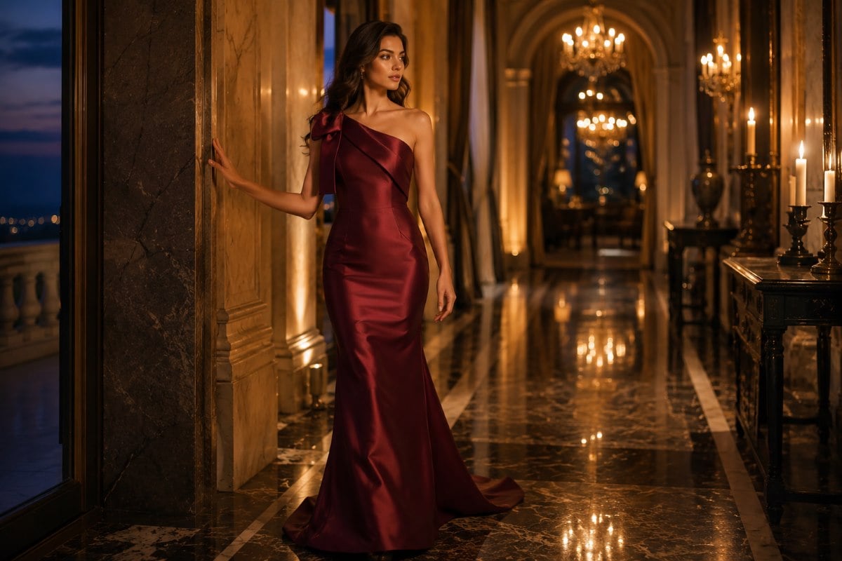 Burgundy satin evening gown glowing under gala lighting