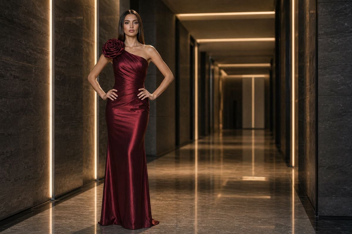 Burgundy one shoulder satin evening gown
