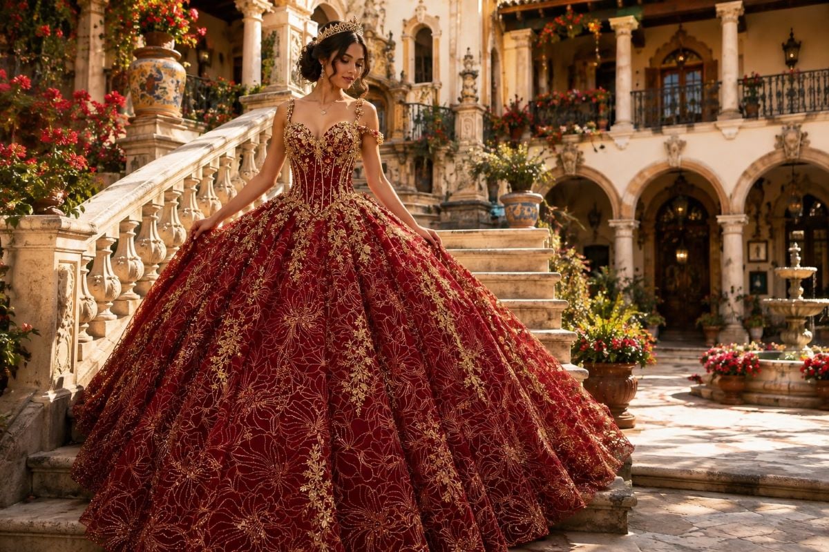 Burgundy red gold quinceañera ball gown
