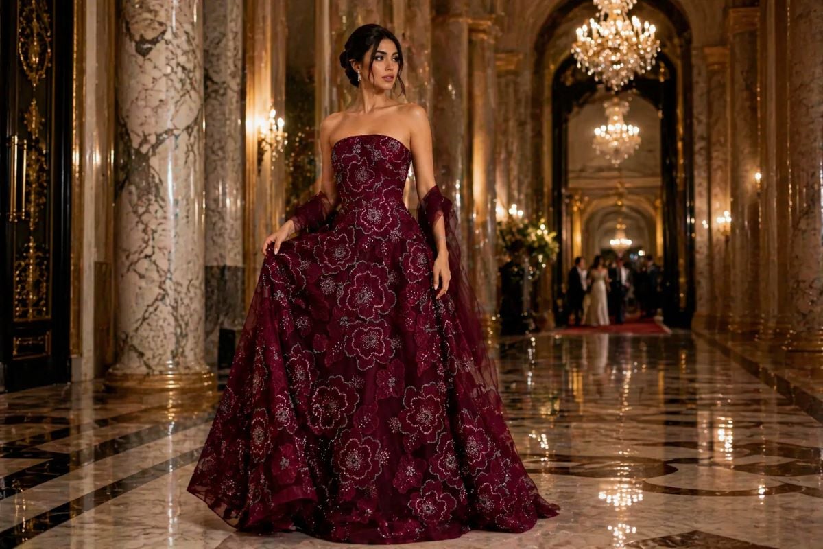 Burgundy strapless floral evening gown with full skirt