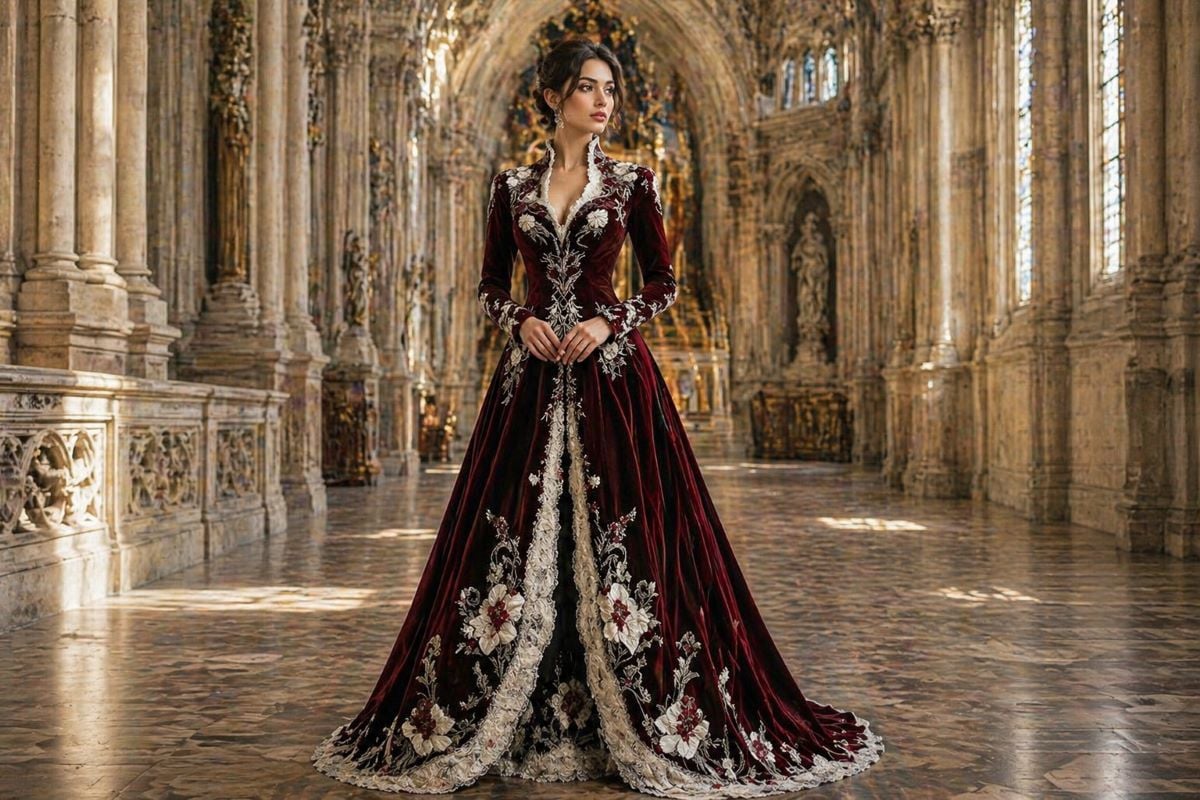 Burgundy velvet gown with white embroidery and long sleeves