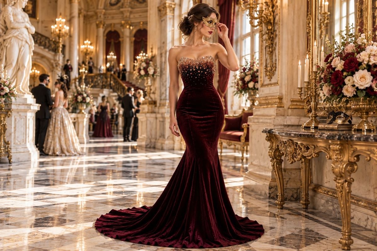 Burgundy velvet masquerade gown in opera foyer