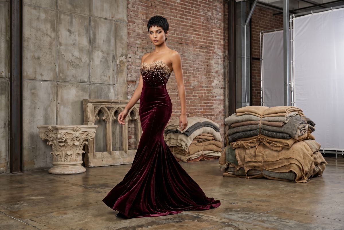 Burgundy velvet beaded mermaid gown