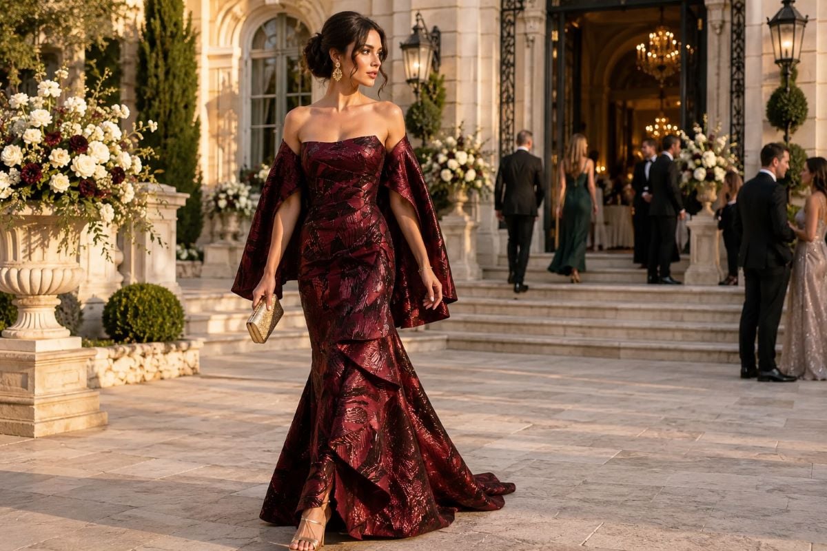 Burgundy wedding guest gown gold accessories