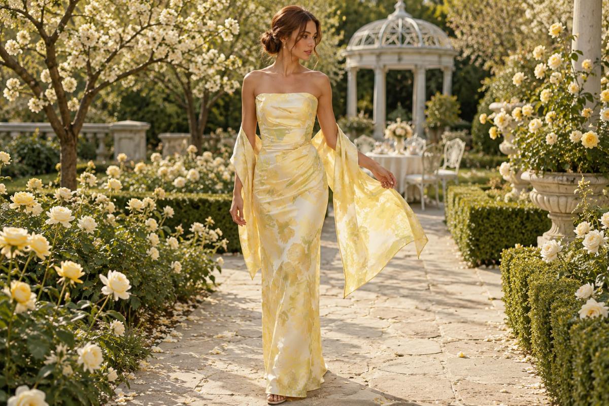 Butter yellow floral evening gown in spring garden