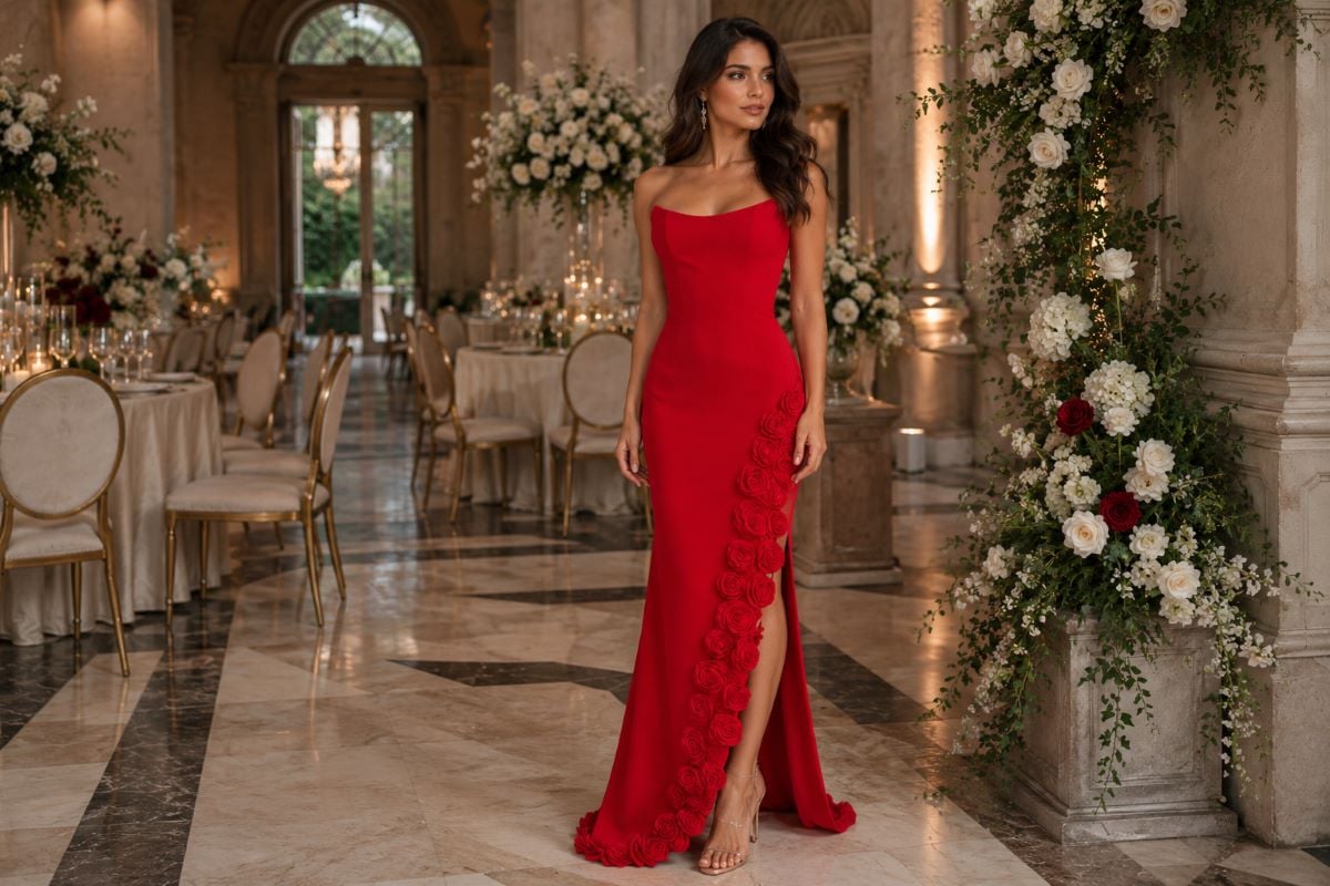 Red gown wedding guest
