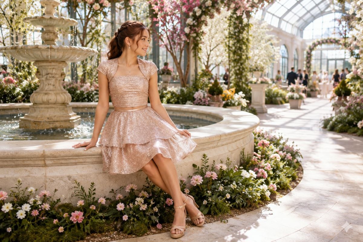 Rose gold cap sleeve bat mitzvah dress