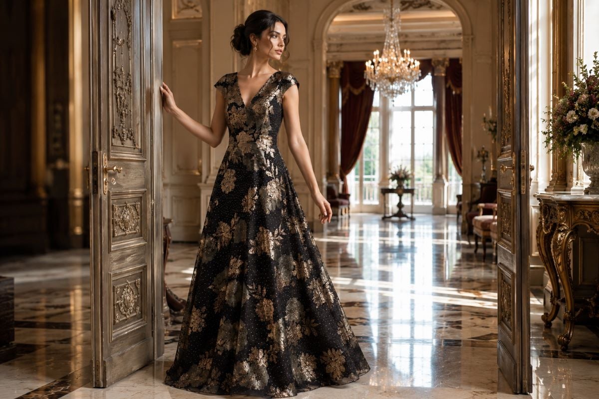 Elegant cap sleeve evening gown editorial