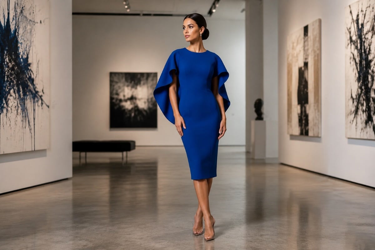 Blue cape sleeve midi dress in modern art gallery editorial
