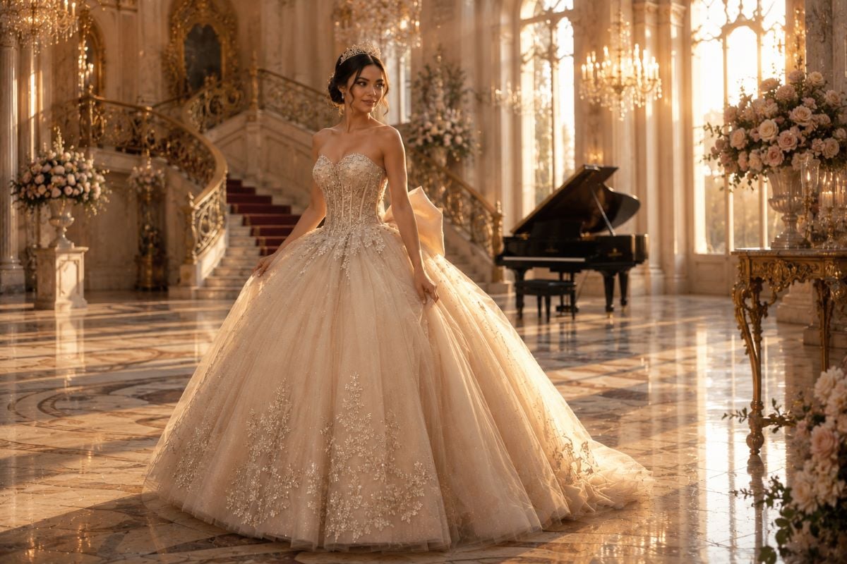 Champagne quinceañera gown in royal garden walkway