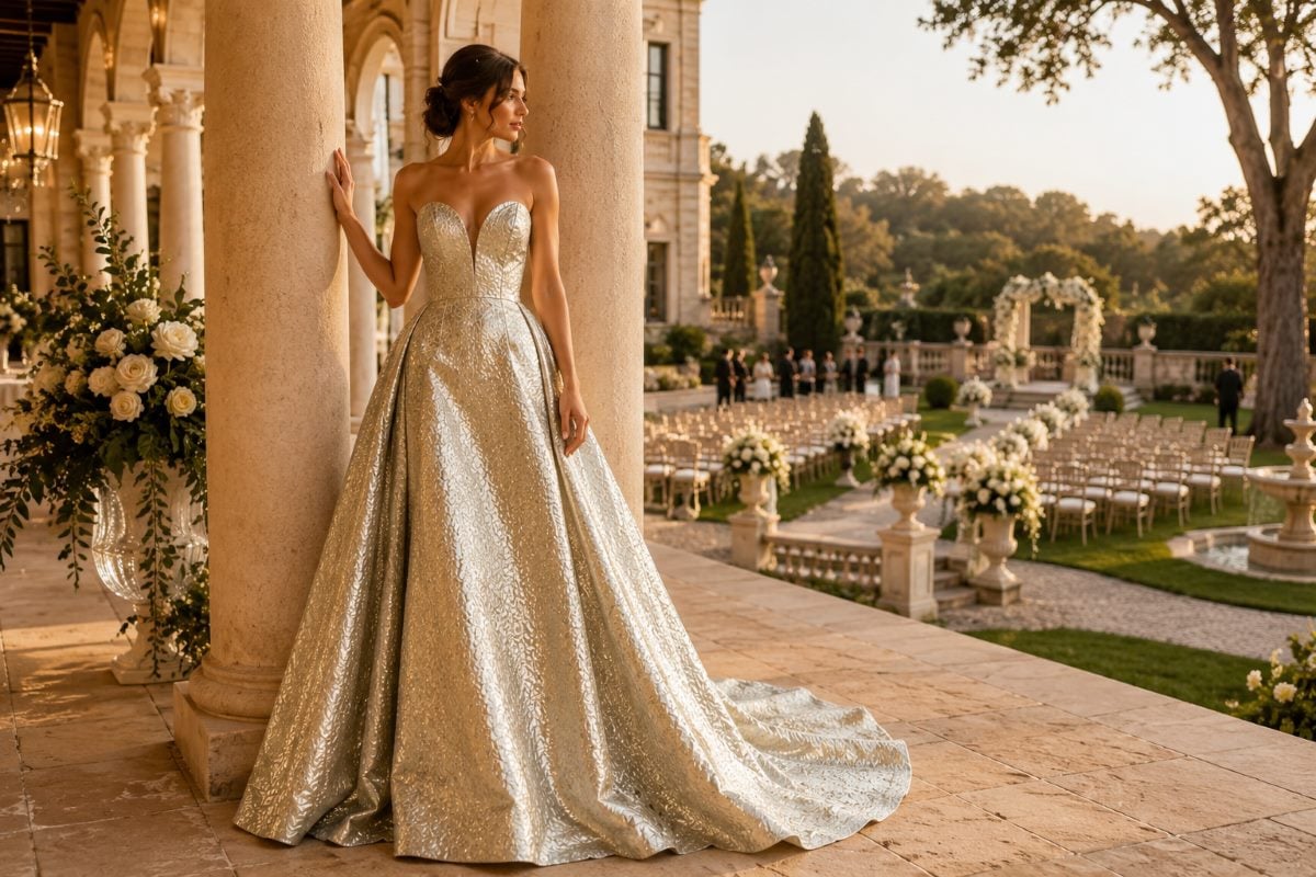 Champagne ball gown elegant wedding guest