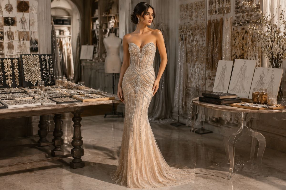 Champagne beaded couture gown editorial