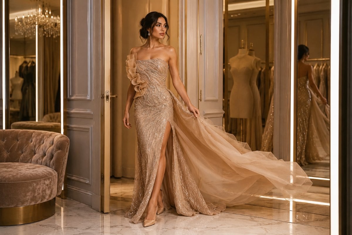 Champagne beaded mother of bride gown fitting