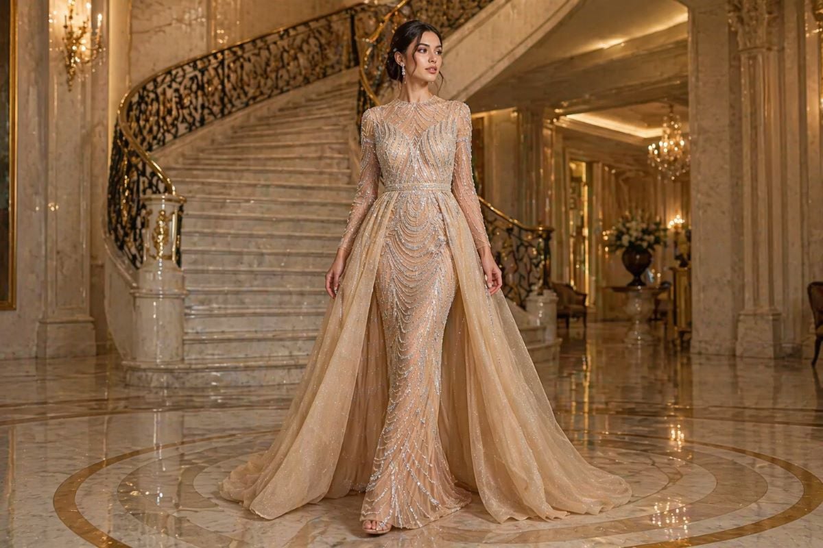 Champagne beaded gown with detachable overskirt