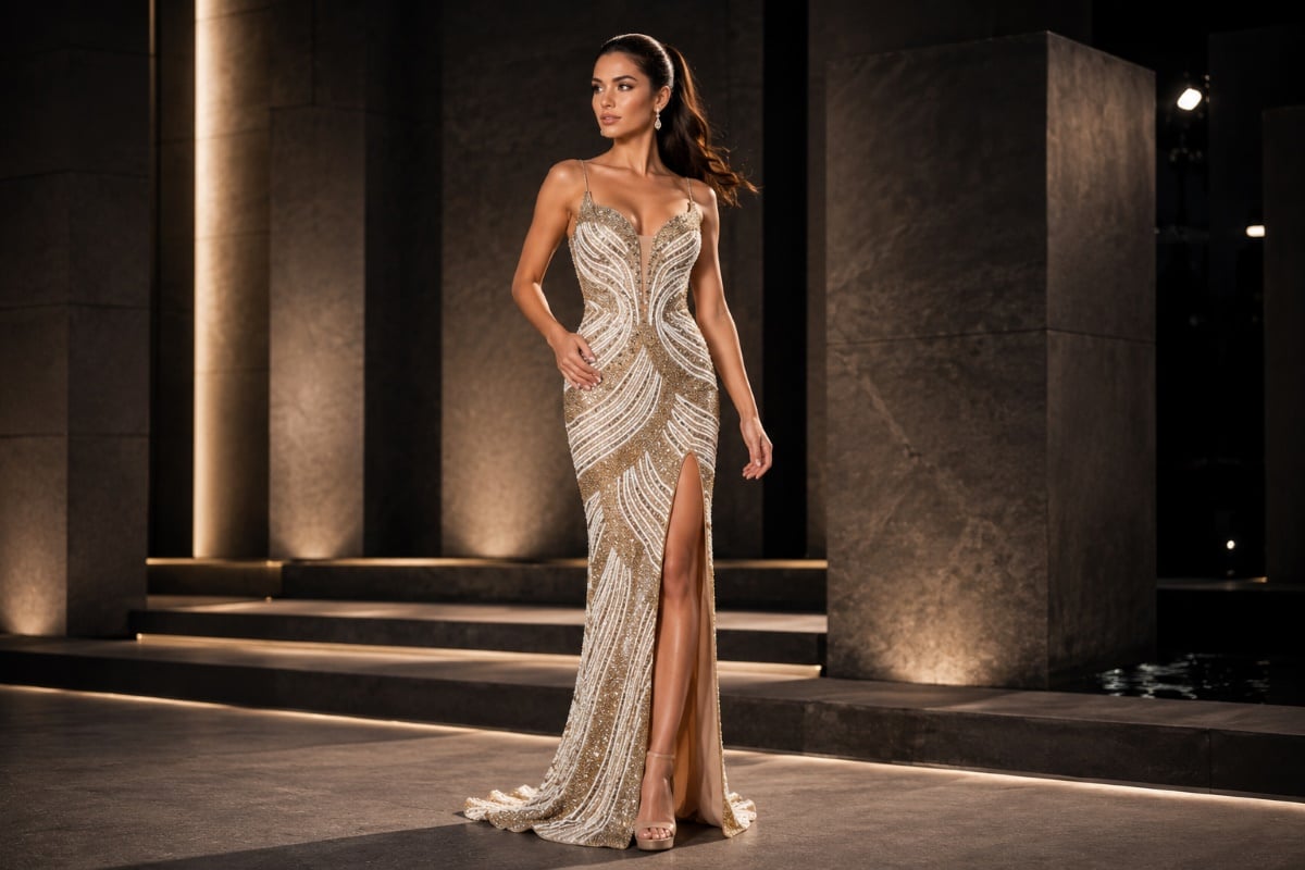 Champagne beaded gown with contrast backdrop