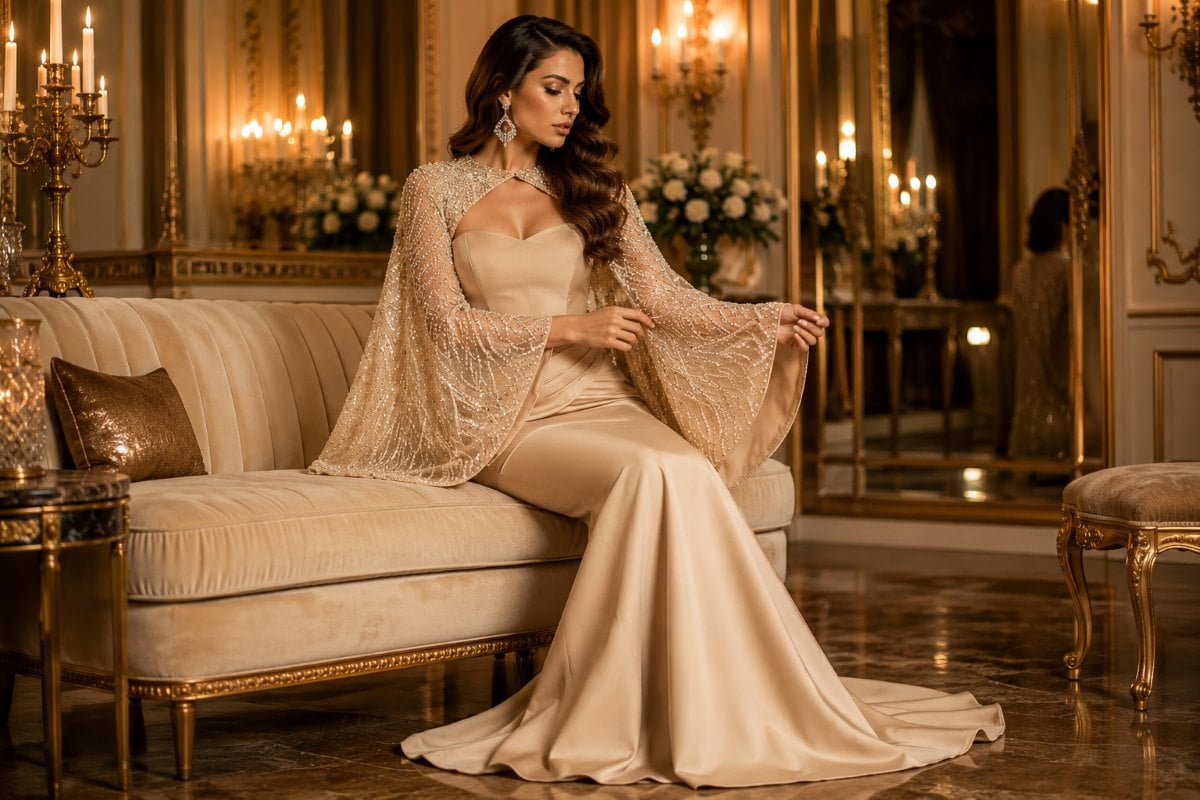 Embellished Beige Evening Dress With Crystal Cape