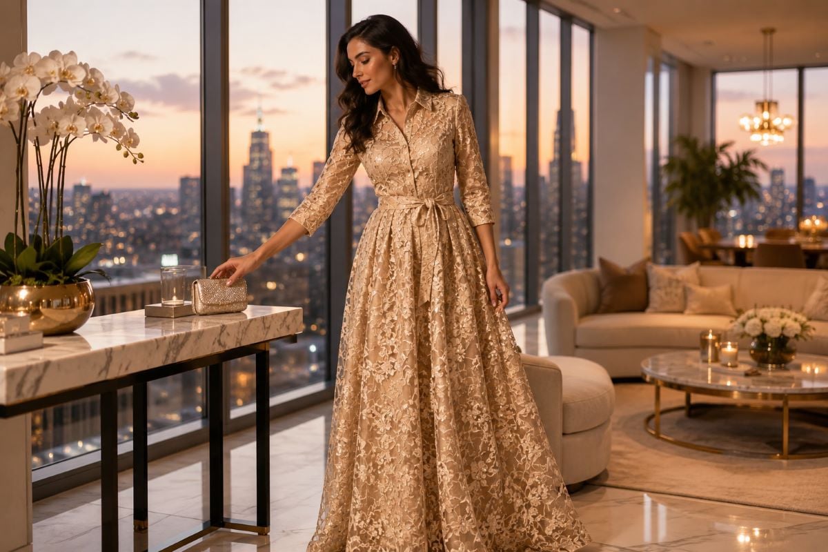 Beige Embroidered Evening Dress in Penthouse Lounge