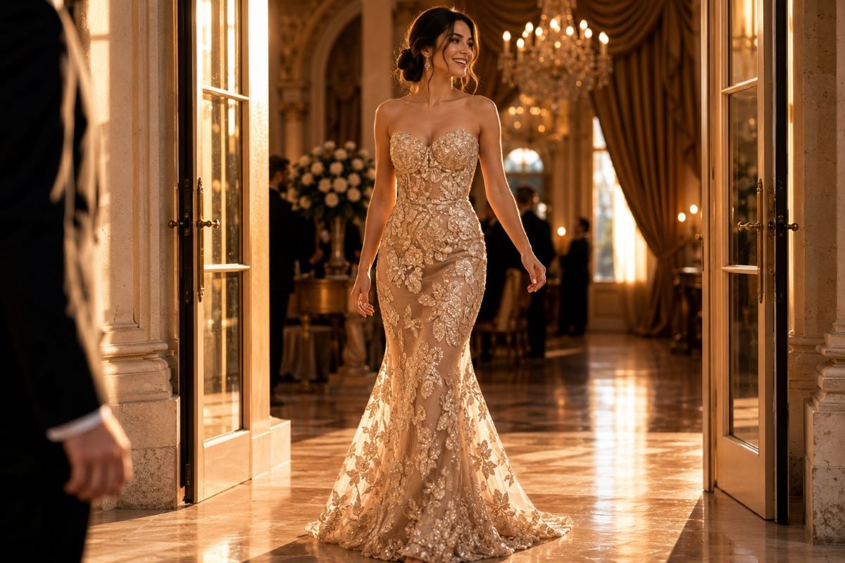 Champagne Beige Floral Mermaid Gala Dress