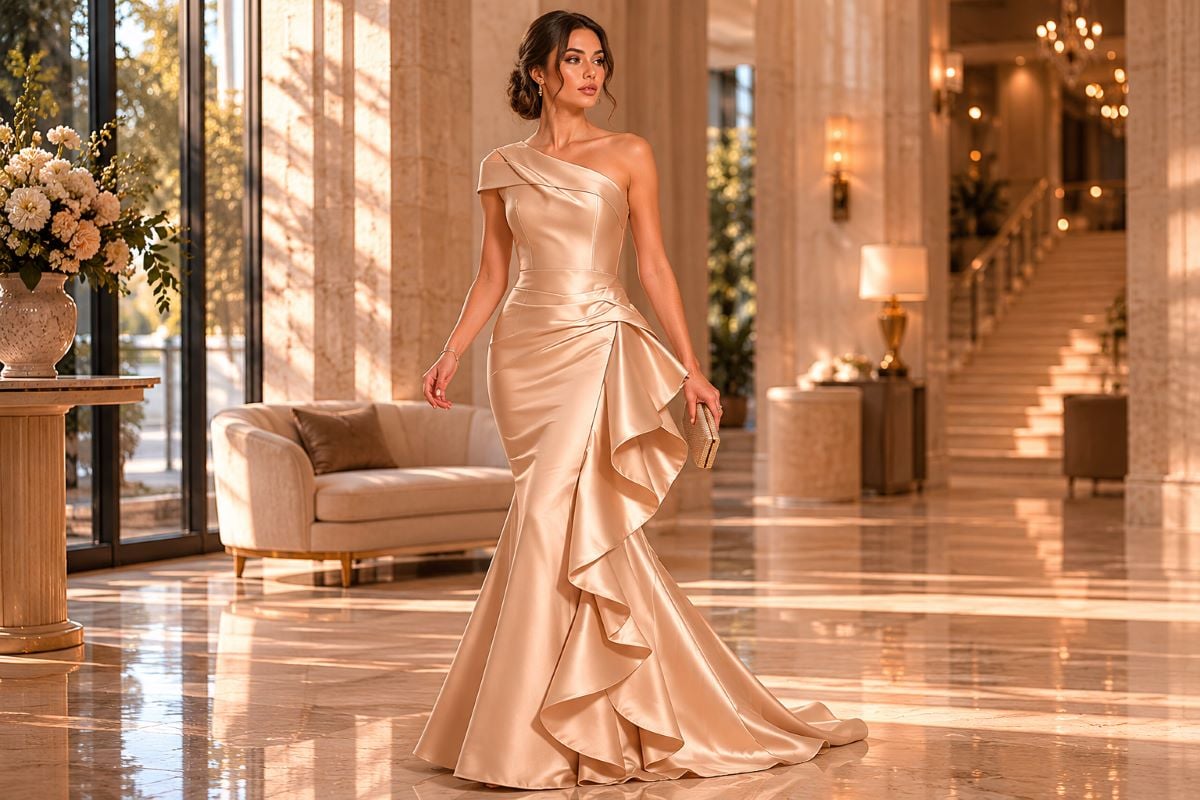 Champagne Beige Gown in Luxury Hotel Lobby