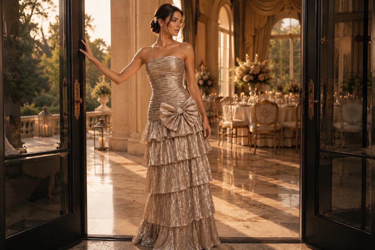 Champagne contemporary estate wedding guest gown
