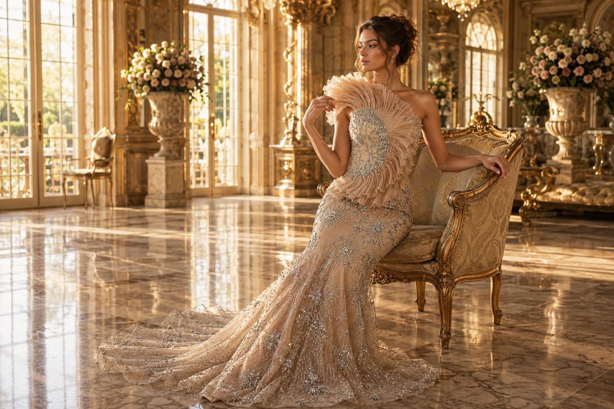 Champagne embellished couture gown in grand ballroom