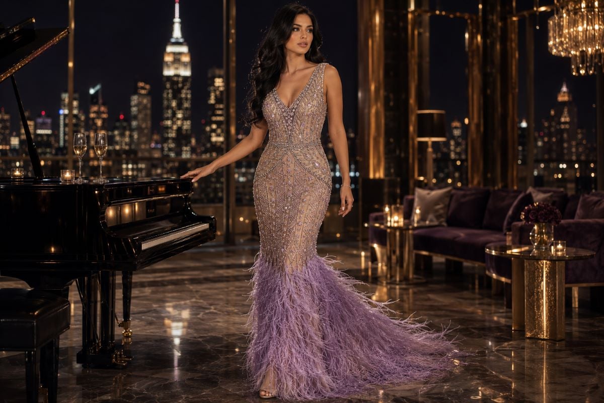 Champagne couture gown with lavender feathers