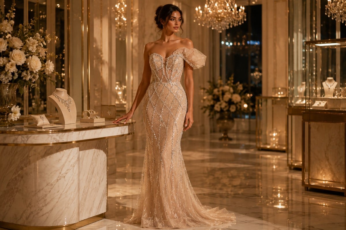 Champagne crystal off-shoulder couture evening gown