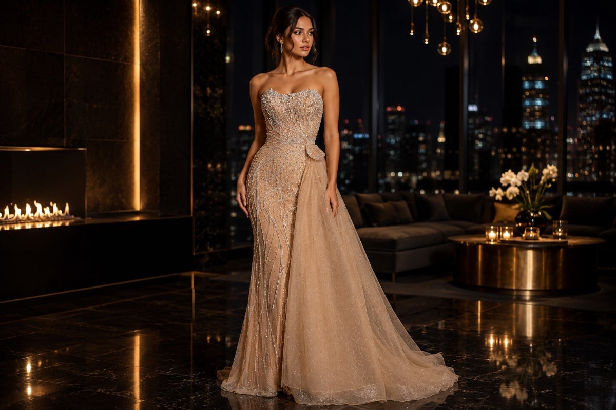 Champagne embellished mother of the bride gown