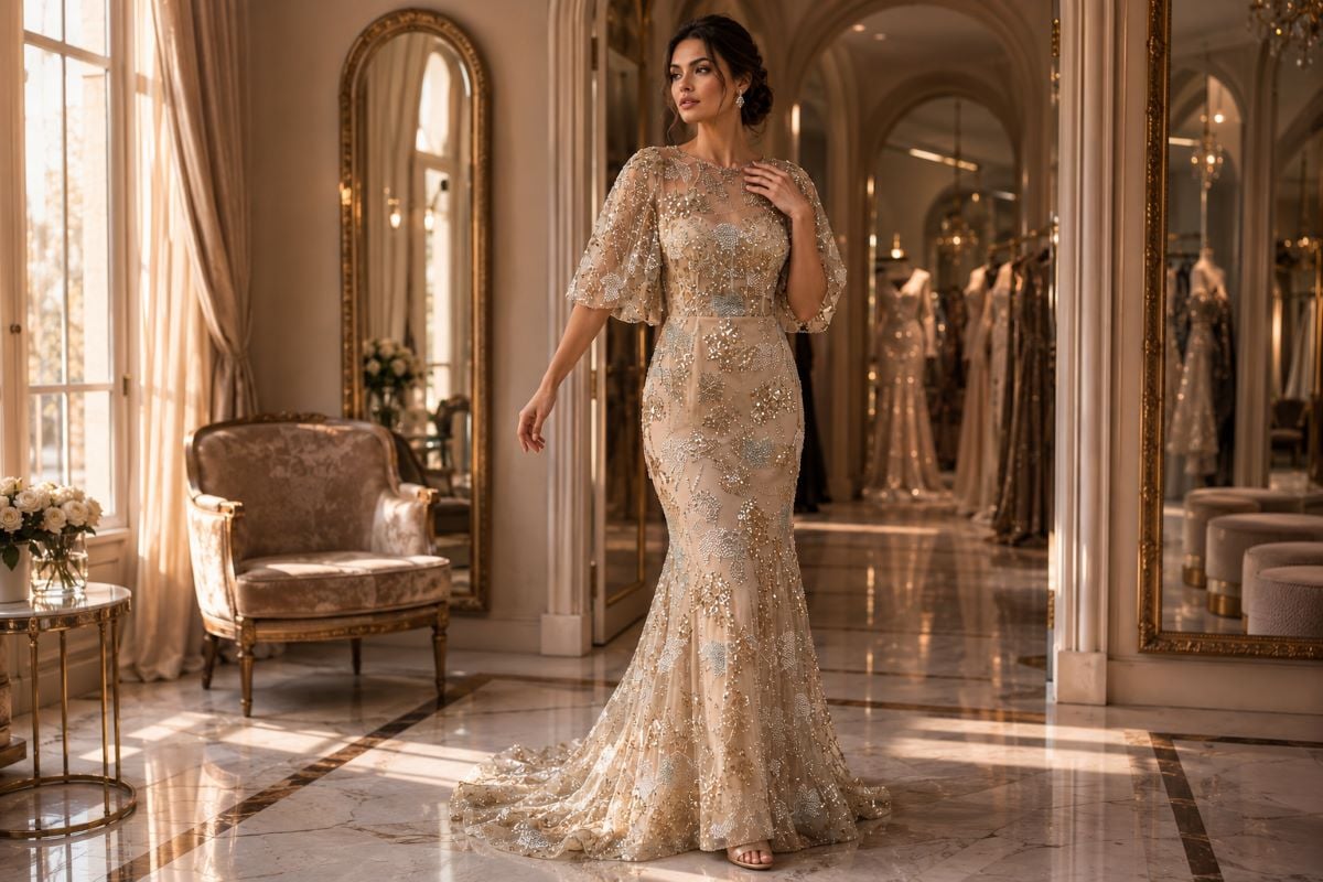 Champagne embellished mother of bride mermaid gown