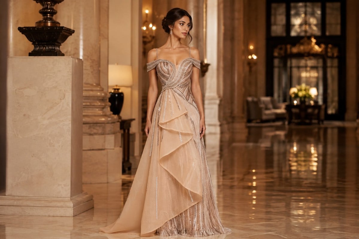 Full-length black gown with sculpted tulle shoulder accents