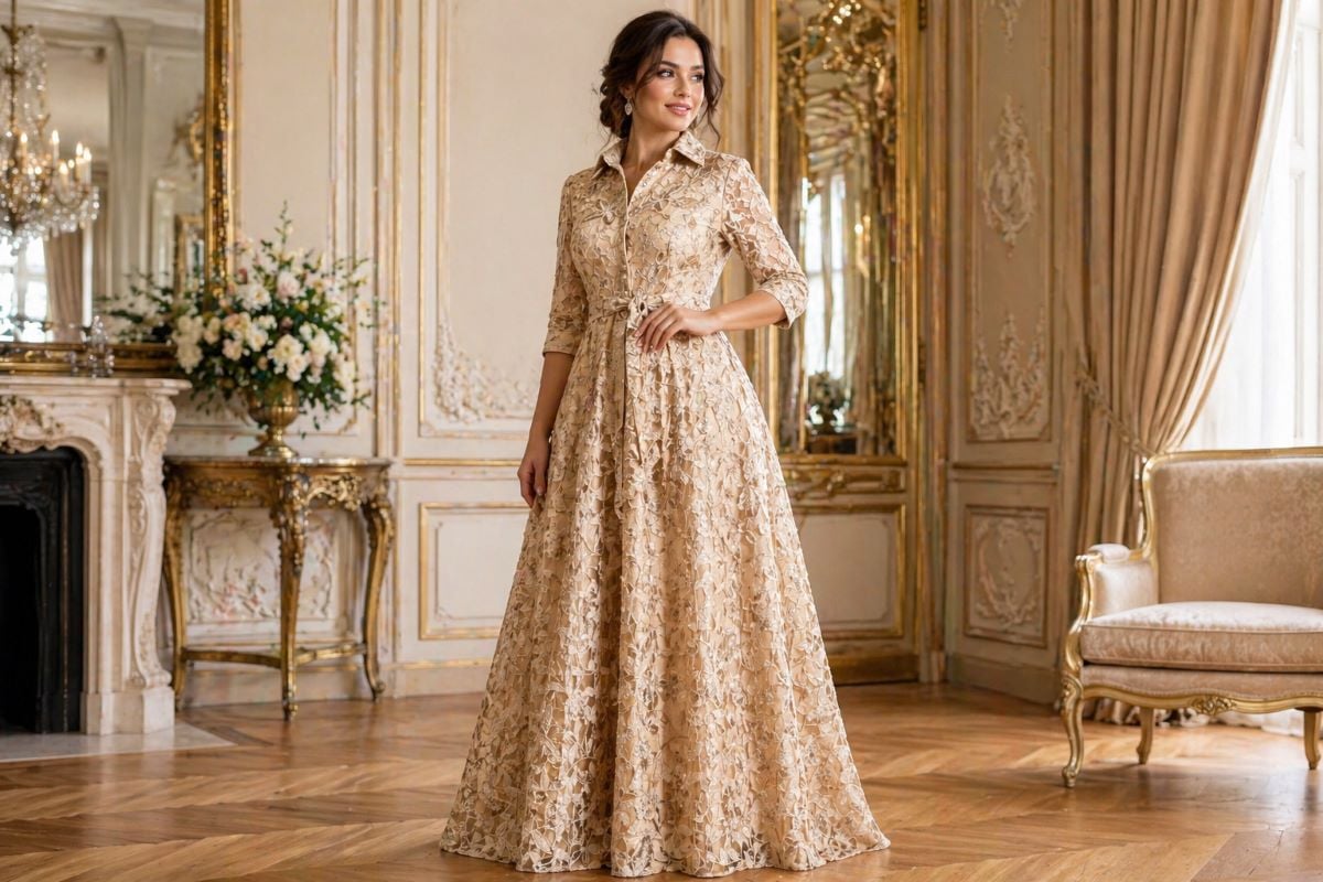 champagne embroidered a-line mother of bride dress