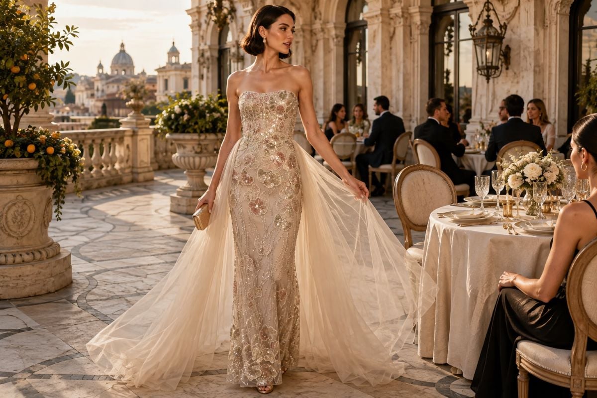 Champagne floral gown with gold accessories