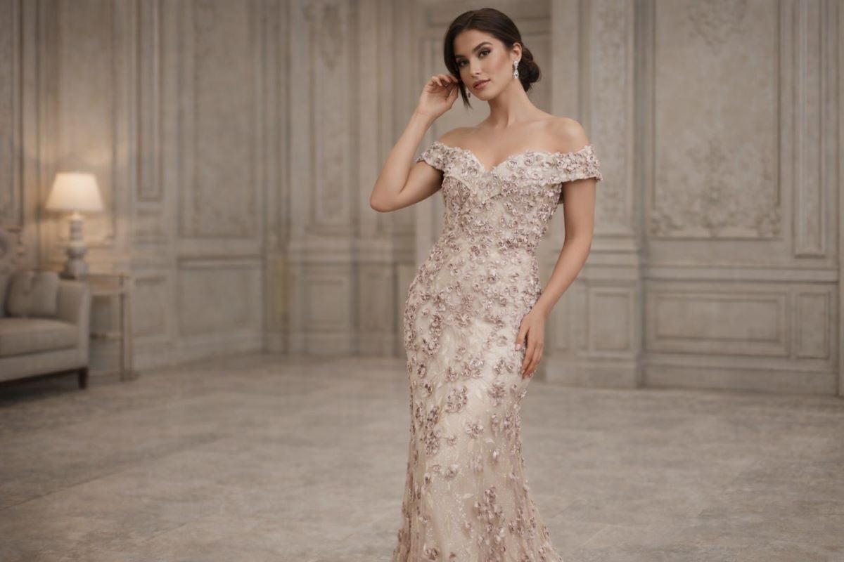 Champagne off shoulder floral mother of the bride gown