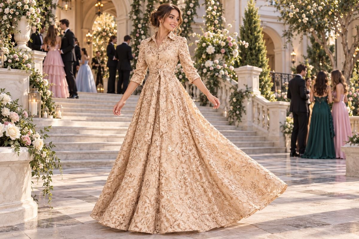Champagne floral Sadie Hawkins formal gown