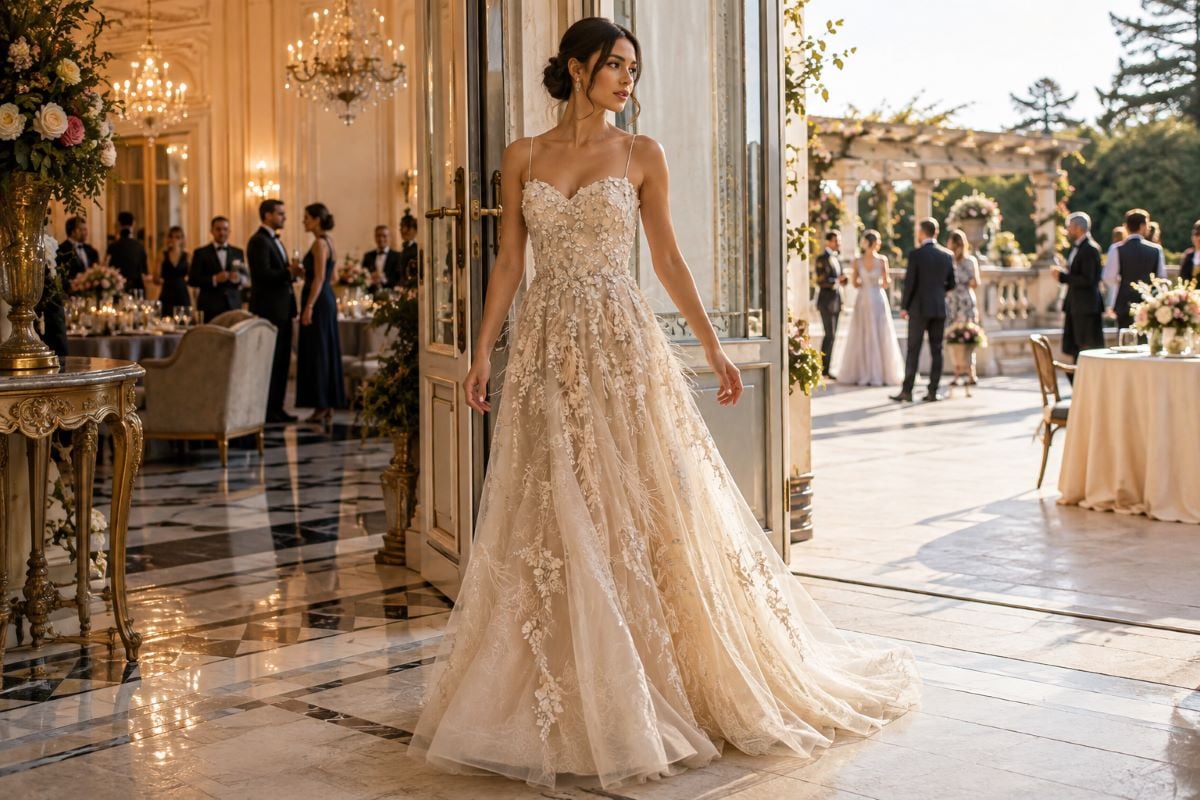 Champagne flowy gown at formal event