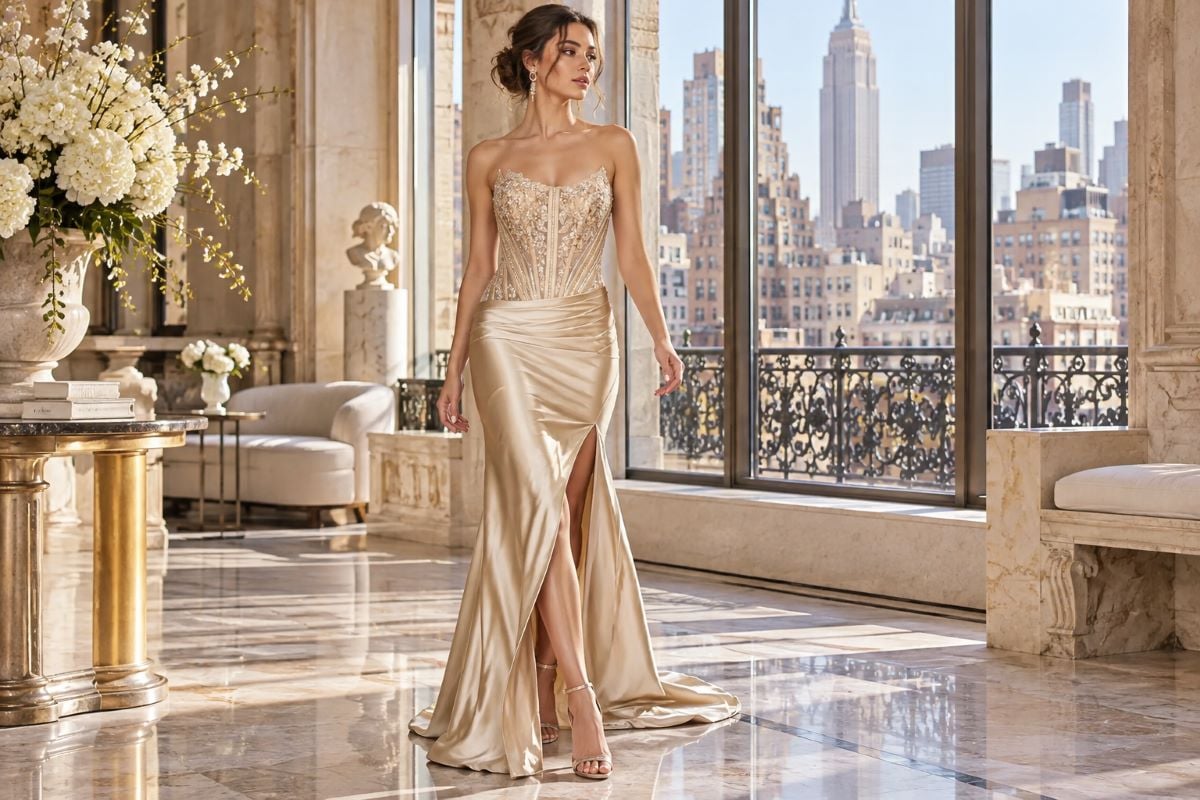 Champagne gold gown New York editorial fashion