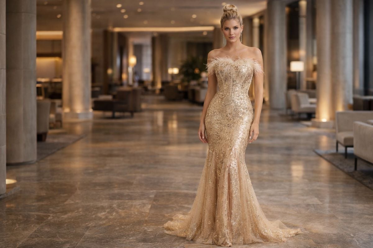 champagne gold mermaid prom dress with feathers