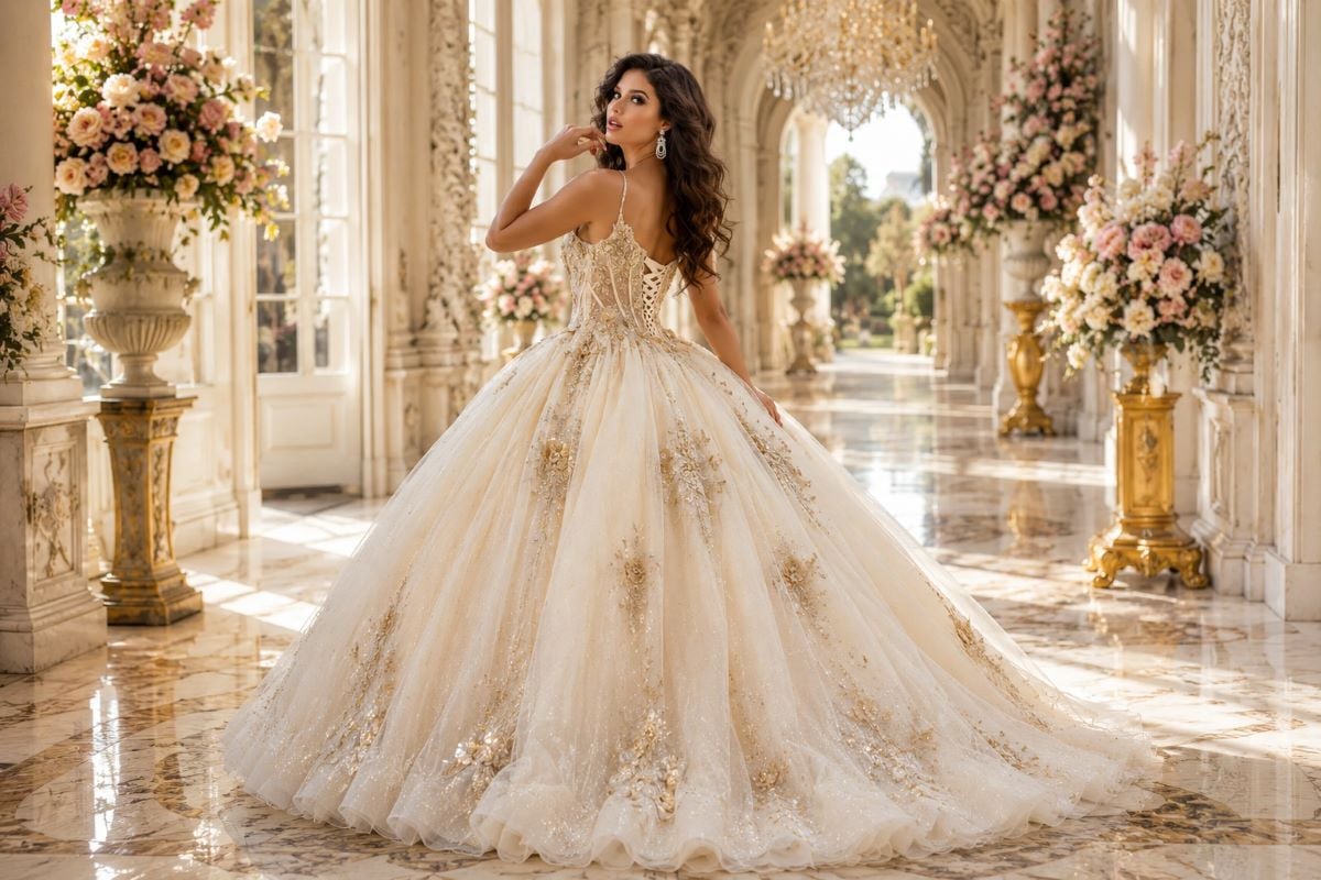 Champagne gold Quinceañera ball gown with corset back in luxury palace