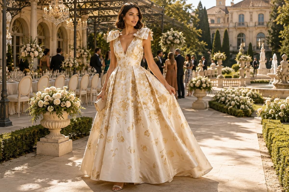 Champagne gold wedding guest evening gown