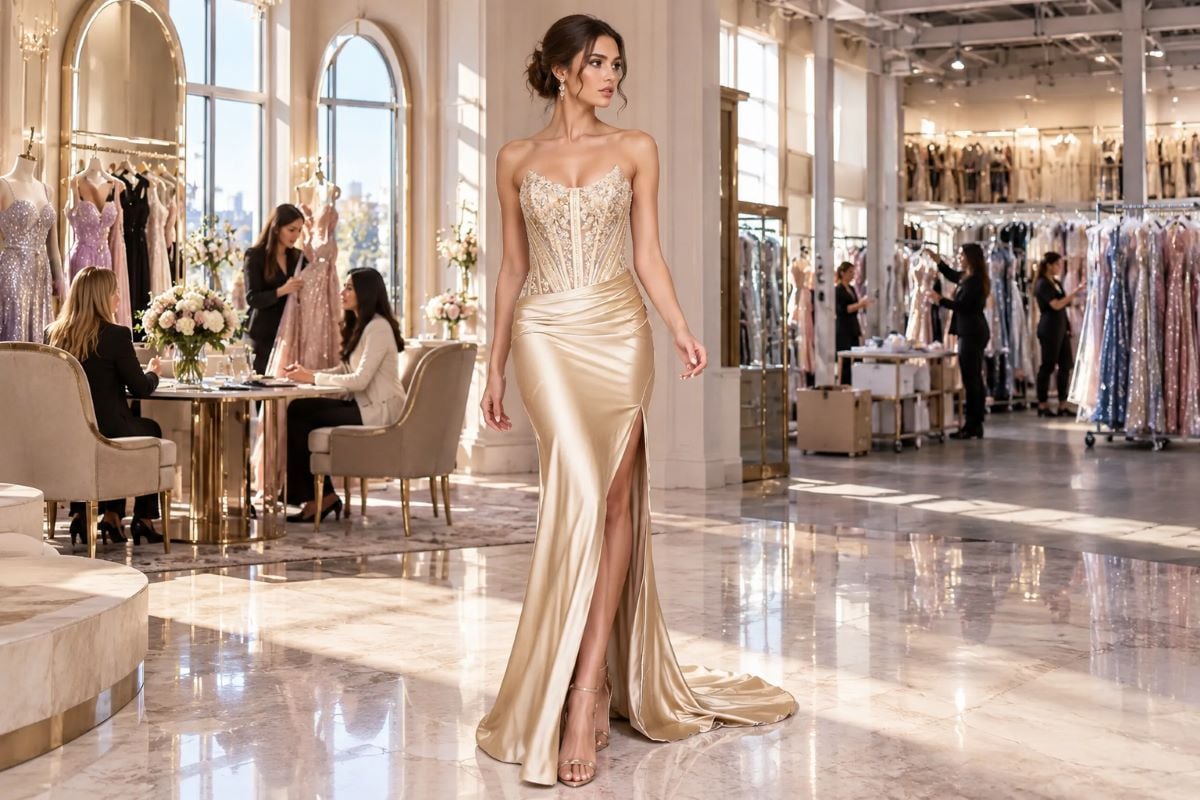Champagne gold wholesale prom gown editorial