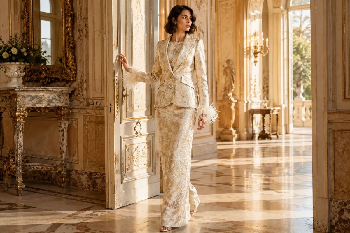 Champagne jacquard formal evening fashion ensemble