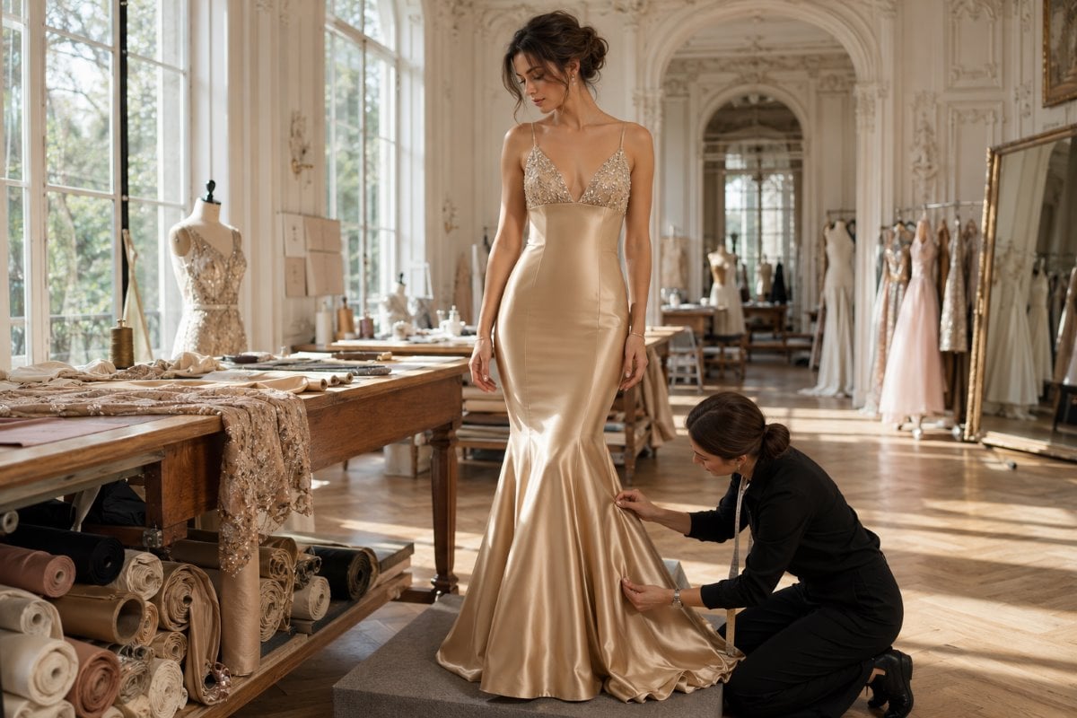 Champagne mermaid prom dress couture fitting