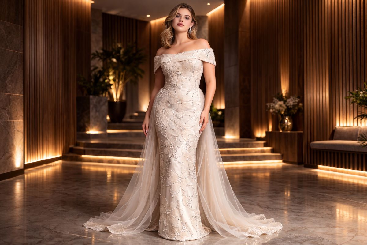 Champagne off shoulder plus size column evening gown full body