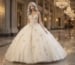 champagne quinceanera ball gown with floral appliqué